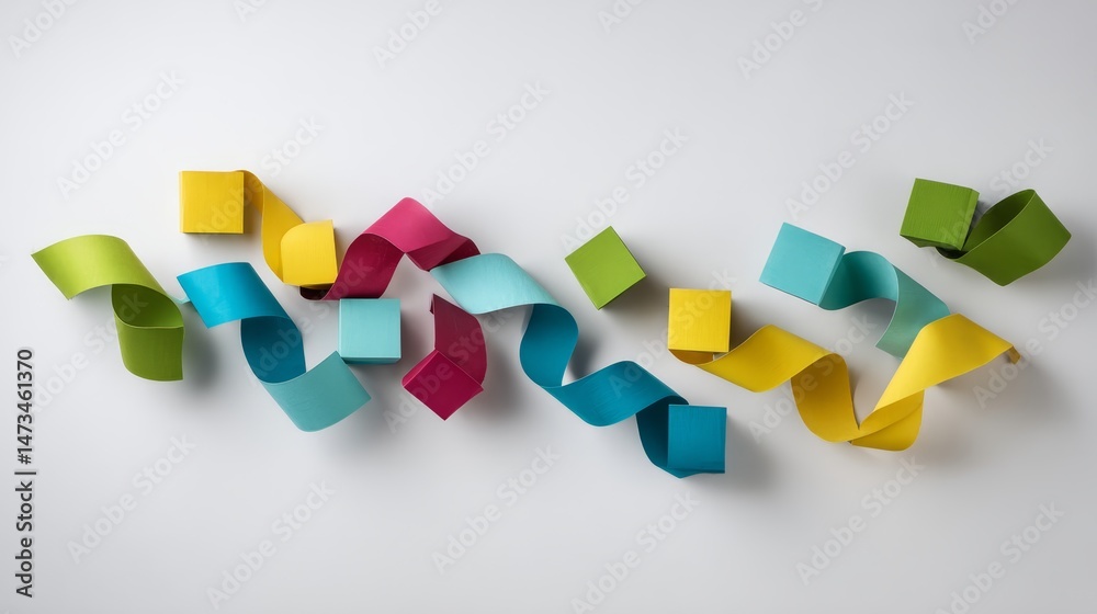 Fototapete Bright neon geometric shapes and flexible ribbons are artfully arranged in a dynamic layout on a white canvas, allowing for creative use of copy space