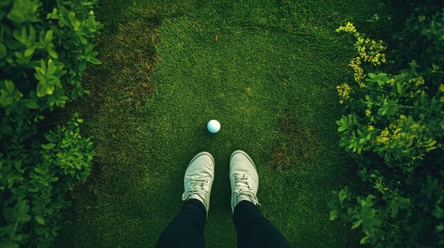 An aerial view of a golfer preparing to putt on a green.
