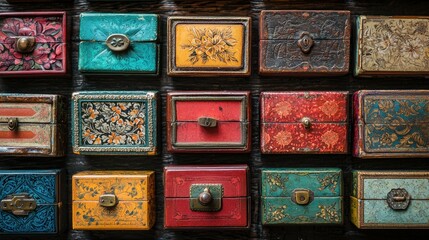Colorful vintage decorative boxes arranged in a beautiful pattern.
