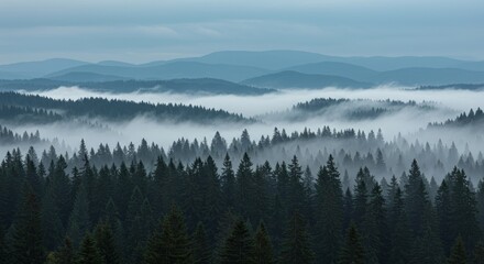 Tree Wallpaper. Coniferous Forest and Mountain Range Landscape with Morning Mist