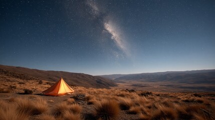 Brightly lit orange tent stands in a quiet, remote campsite surrounded by soft grass under a dense star field illuminating the night