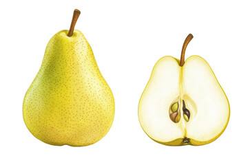 A whole pear and a half pear showing seeds on transparent background png