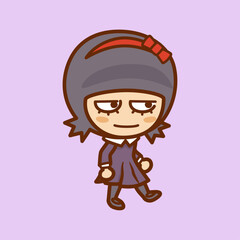 歩く黒いワンピースの女の子（正面向き）／A girl walking in a black dress (facing forward)