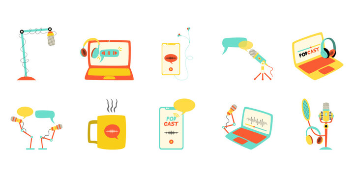 Podcast Day Hand-drawn Flat Illustration. Mic, headphone, talk, interview for podcast audio vector isolated