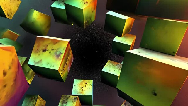Exploring the intricacies of an abstract cuboid representation of the fourth dimension featuring vibrant colors and intricate patterns suspended in a cosmic space backdrop
