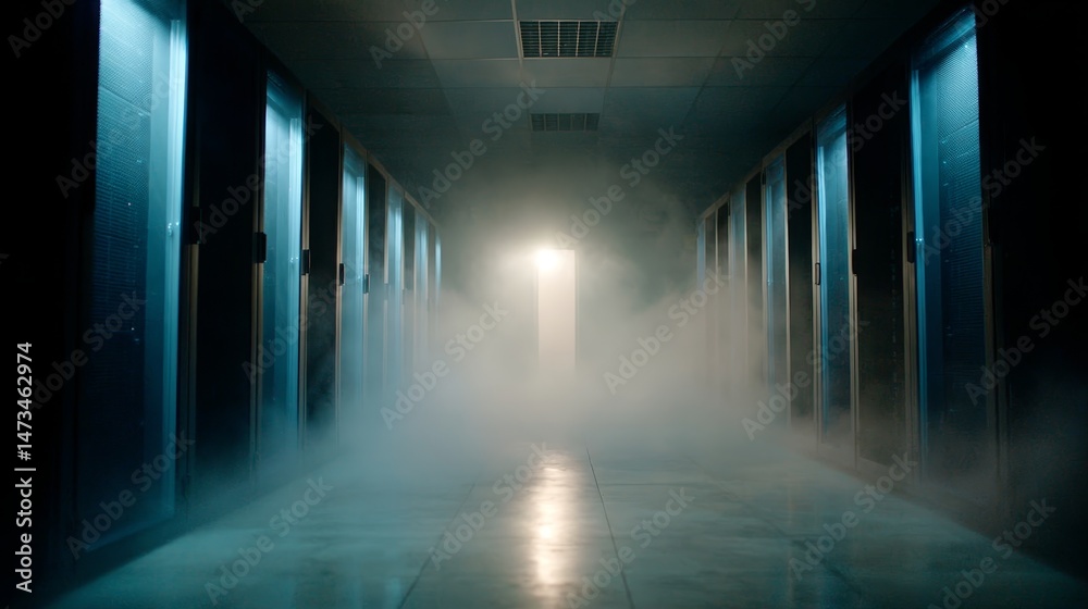 Aufkleber dimly lit corridor lined with rows of glowing blue lights and sleek cables. faint mist adds an ether