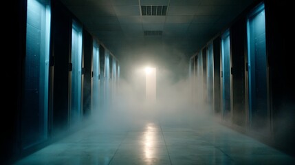 Dimly lit corridor lined with rows of glowing blue lights and sleek cables. Faint mist adds an ethereal quality, creating a high-tech ambiance perfect for data centers