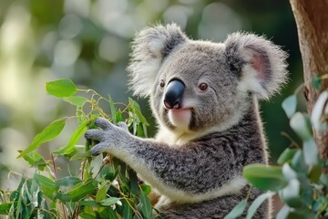 Naklejka premium Fluffy koala bear munching on eucalyptus leaves in its natural habitat in Australia, Fluffy Koala Bear eats tree leaves Fauna of Australia