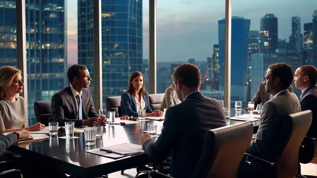 Dynamic and intense boardroom meeting with a diverse group of professionals, surrounded by city skyline, taking place in a modern office setting during late afternoon hours