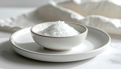 A Small Bowl of White Salt on a White Plate, Minimalist Food Photography