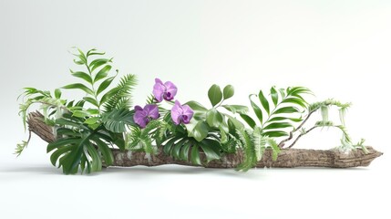 Rustic wooden log serves as a base for a vibrant arrangement of tropical plants and purple orchids.