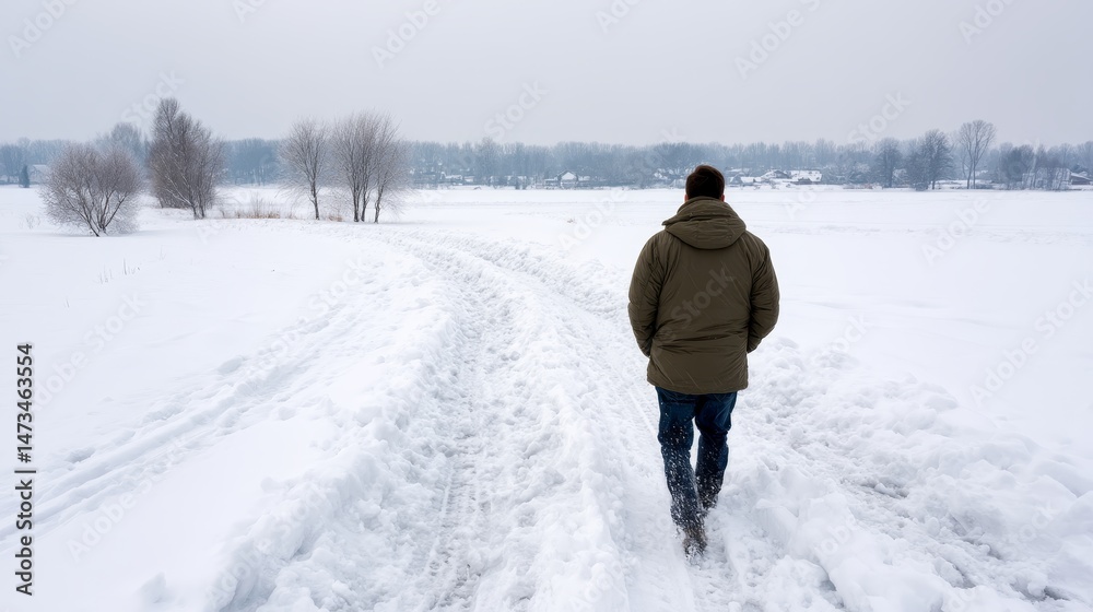 Poster a person walks away in an empty parka, leaving snow tracks in the deep snow, with a whiteout landsca