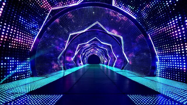 ."Futuristic Neon Tunnel - 4K Video of Vibrant Light Path, Neon Glow, Digital Tunnel, Sci-Fi Tunnel Design, Futuristic Lighting, Glowing ,Abstract blue background with binary code and digital patterns