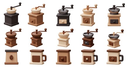 Charming Miniature Coffee Grinders and Mugs: A Collection of Warm Brown Tones