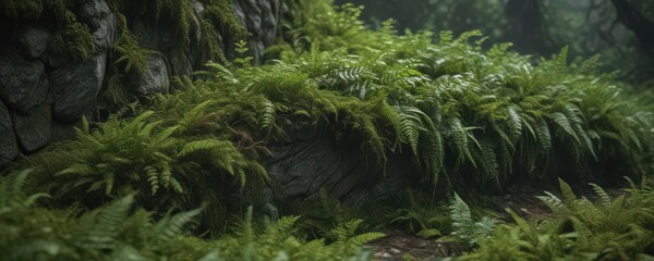 Dark green moss blankets weathered stone, delicate ferns unfurl , stone,  growth