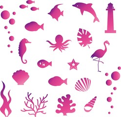 アイコン　夏　海　魚　貝　動物　あしらい　飾り　シルエット　おしゃれ　かわいい　イラスト素材セット