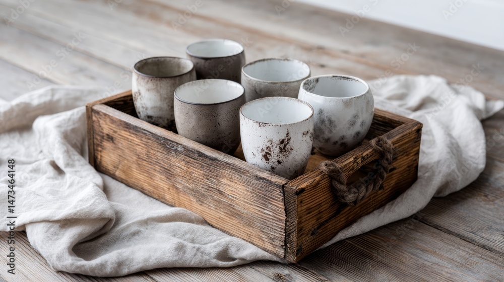 Aufkleber A rustic pine tray displays six ceramic mugs arranged on a soft linen cloth, illuminated by gentle morning light, creating a serene atmosphere perfect for gatherings