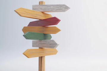 Colorful wooden sign post with multiple direction arrows, isolated on white background