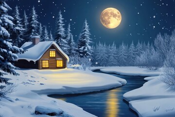 Naklejka premium Cozy cabin by a snowy river illuminated by a full moon with pine trees in the still winter night, Cozy cabin by snowy river with pine trees and full moon in winter night Winter tranquility concept