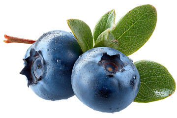 Obraz premium Closeup of Two Ripe Blueberries with Dewy Green Leaves on Transparent Background, PNG