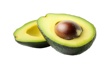 A halved avocado with a pit resting on a plain dark colored surface area on transparent background png
