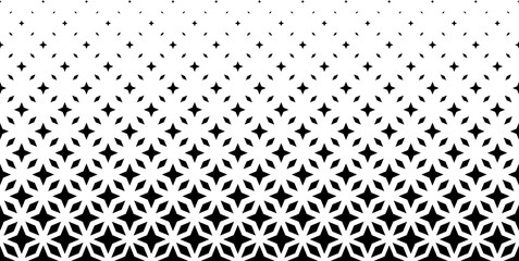 Geometric pattern of black diamonds and stars on a white background.Seamless in one direction. Option with short fade out.The Scale transformation method.