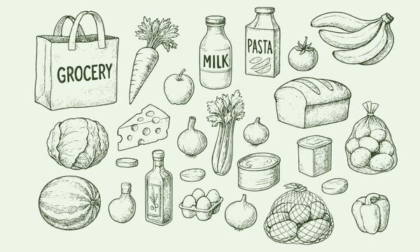 Vintage grocery items illustration with fresh produce, dairy, and pantry essentials in a detailed sketch style, perfect for cooking, shopping, and kitchen projects on a light green background