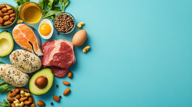 Food items that include eggs, avocados, nuts, meat and salmon on an azure background with copy space for text. Food photography concept.