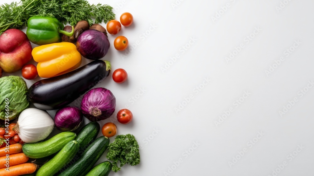 Poster vibrant display of assorted fruits and vegetables arranged on a white canvas, perfect for highlighti
