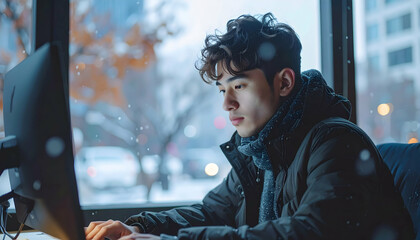 Young Man Working on Computer During Snowy Day