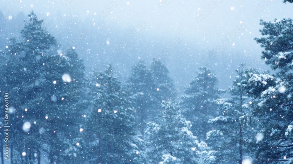 Poster soft snowflakes drift gently in a tranquil winter landscape featuring a frosted pine forest under a 