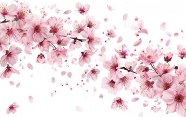 Fototapeta premium Pink cherry blossoms and falling petals on a white background