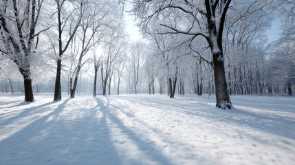 Fresh, untouched snow covers a peaceful forest clearing bathed in gentle sunlight. Tall trees cast soft shadows across the sparkling white ground