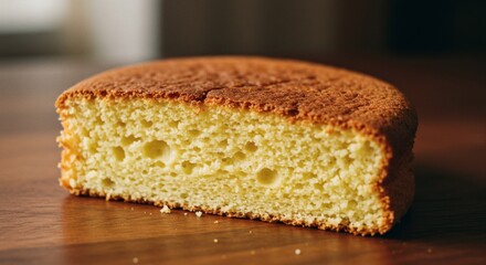 Slice of Golden Cake on Wooden Surface Baking Concept