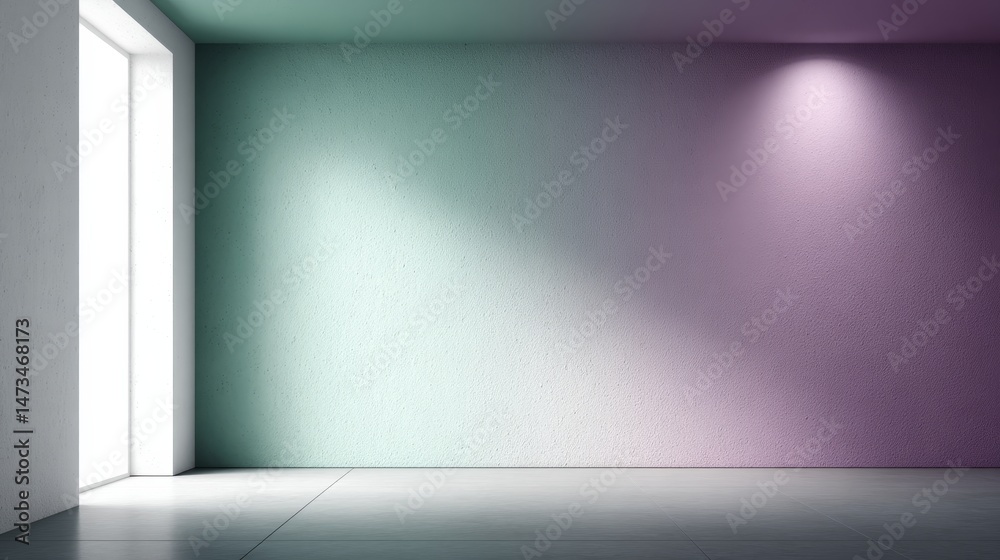 Poster an empty area is beautifully lit by green and purple spotlights, casting colorful shadows on the bar