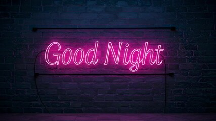 Glowing pink neon sign reads good night against a dark brick wall. Romantic night message. Luminous lettering for sleep background and bedtime concept.