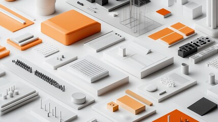 Aerial view of architectural models in white orange and black on a white surface with geometric shapes