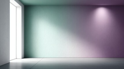 An empty area is beautifully lit by green and purple spotlights, casting colorful shadows on the bare walls, creating an engaging yet mysterious ambiance