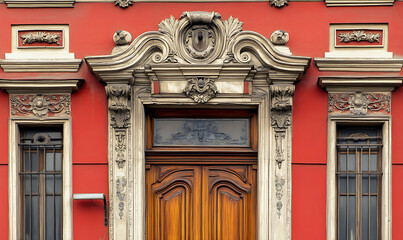 Ornate doorway with wooden double doors, detailed stonework, and a red building facade