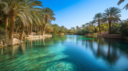 Fototapeta premium a desert oasis surrounded by palm trees and crystal-clear water 