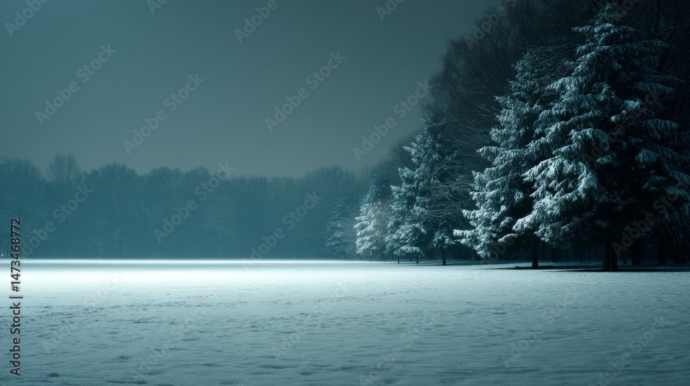 Leinwandbilder evergreen trees blanketed in snow reflect moonlight in a peaceful winter forest, creating a tranquil