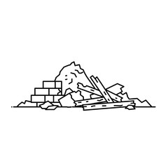Naklejka premium Construction debris pile with bricks and wood in simple line art 
