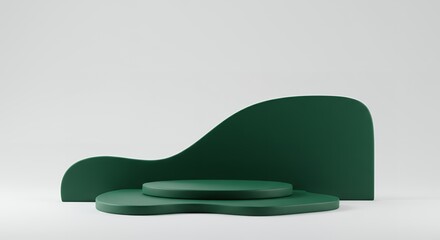 Minimalist abstract design with emerald green podiums and wavy backdrop, perfect for product display, showcasing elegance and modern aesthetics