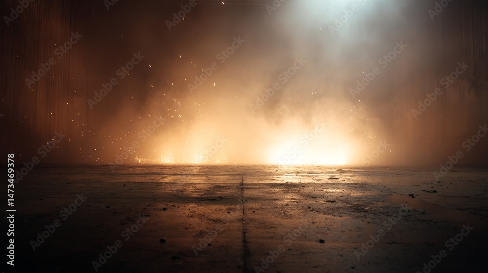 Poster Intense flame patterns and glowing embers rise from a textured dark surface amidst a smoky haze, creating a dramatic atmosphere with empty space on the right