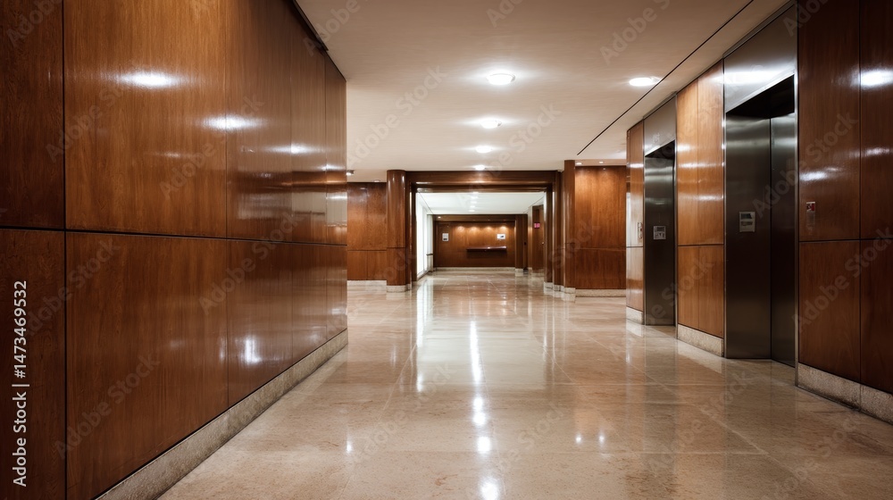 Leinwandbilder A low angle view captures a tranquil corridor with dark wood walls and a shiny floor reflecting soft ambient light, creating an inviting yet empty space