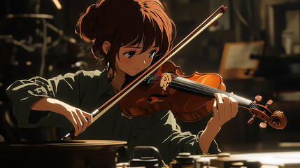 Anime Girl Playing Violin in a Workshop