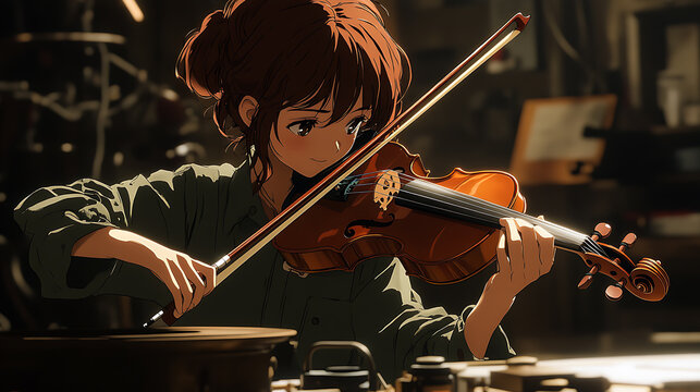 Anime Girl Playing Violin in a Workshop
