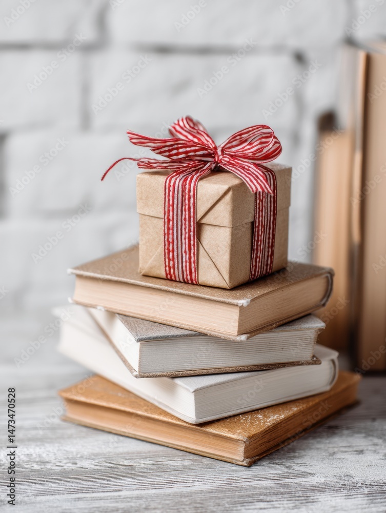 Poster Gift Box Resting on a Stack of Various Books in an Elegant Setting With a Clean Table Corner