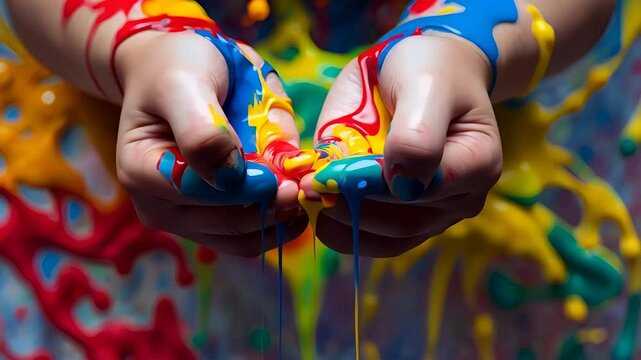 Close-up of hands squeezing thick colorful paint in blue, yellow, red, and green with splashes and drips against vibrant messy background

