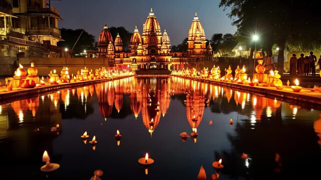 Ancient Indian temples illuminated during Diwali celebrations with hundreds of diyas reflected in water at night, creating a magical atmosphere of light and festivity
